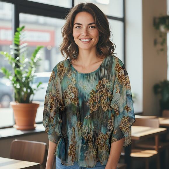 Chico's Teal Animal Print Sheer Blouse with flowy sleeves & elastic waist Medium - Picture 3 of 8